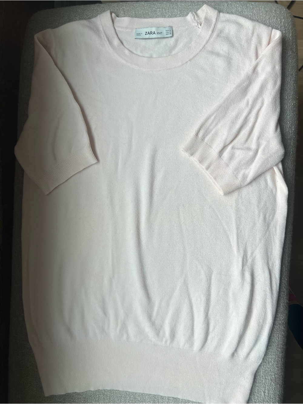 TWO Zara Pale Pink and Navy Short Sleeve Knit Top